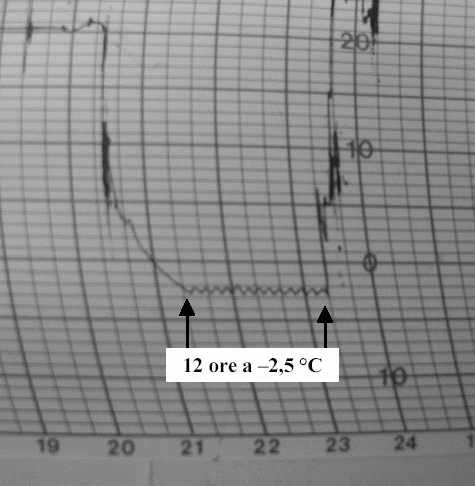 Fig. 1 - Andamento termico osservato nella prima prova (-A). Fig. 1 - Cooling and thawing rate oserved on the first trial (-A). Fig. 2 - Andamento termico osservato nella seconda prova (-B). Fig. 2 - Cooling and thawing rate oserved on the second trial (-B).