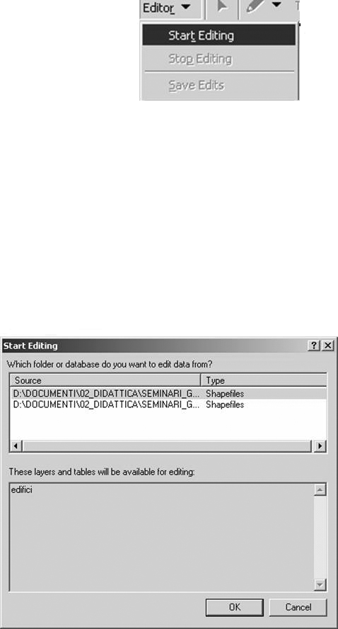 Modificare gli attributi tabellari (1/4) Per modificare gli attributi tabellari aggiunti alla mappa è necessario avviare una sessione di modifica dei dati (Editing) Per avviare una sessione di