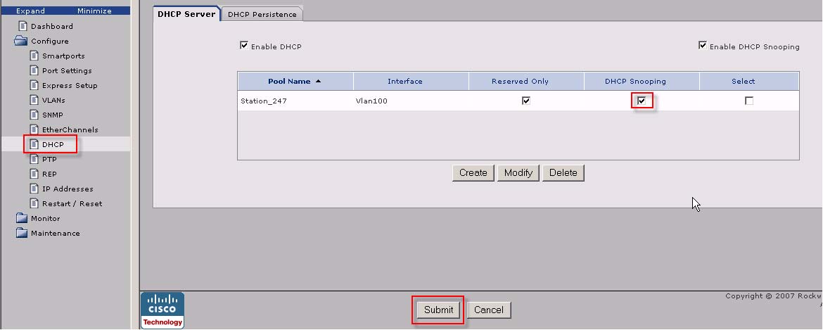 L indirizzo IP qui assegnato fa parte del pool definito in precedenza. 24. Nella schermata DHCP selezionare l interfaccia Fa1/6. Selezionare il valore di DHCP Pool Name dal menu a discesa.