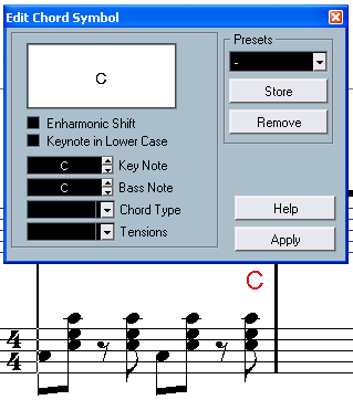 Appendice C Se vogliamo aggiungere in partitura una sigla relativa a un accordo, dovremo selezionare il simbolo nella palette e cliccare nel punto dove inserire il simbolo.