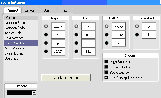 Lo Score Editor La funzione appena vista può essere selezionata anche dalla barra degli strumenti estesa cliccando la sezione Functions raffigurante il simbolo di un accordo.