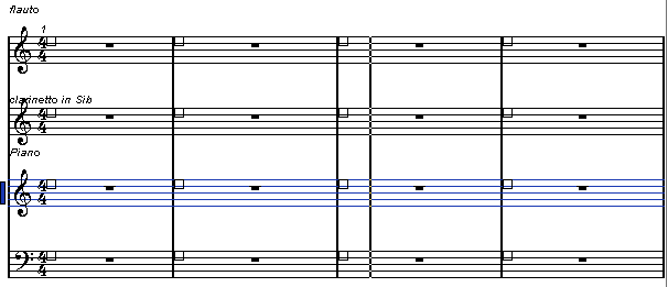 Nella figura abbiamo così un sistema (system) costituito da 4 righi (staves) relativi a tre strumenti musicali differenti: flauto, clarinetto e pianoforte.