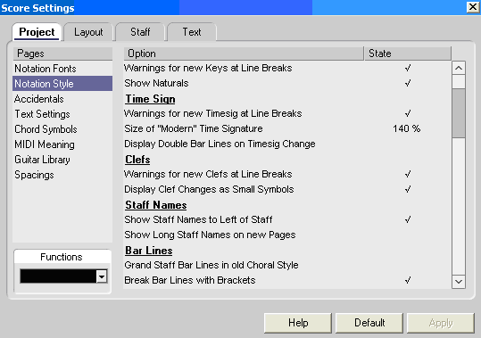 A questo punto, ancora nella finestra Score Settings, selezionate la scheda Project e quindi Notation Style nel riquadro Pages.