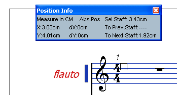 Lo Score Editor Conoscere con esattezza la posizione di un simbolo Se occorre conoscere l esatta posizione di un simbolo o di qualunque altro oggetto selezionato, si utilizza la finestra Position