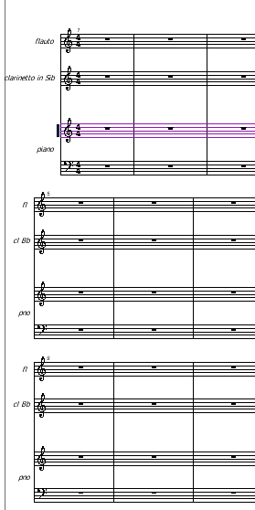 Lo Score Editor trascinamento. Nella figura seguente il trascinamento è stato effettuato in questa modalità e, in tutti i sistemi, il pianoforte rispetta la nuova distanza dal rigo superiore.