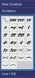 Lo Score Editor quindi nell Inspector si seleziona la sezione chiamata Dynamics, che contiene simboli che si riferiscono alla dinamica. Gli ultimi quattro pulsanti sono relativi alle legature.