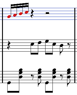 Appendice C Ora è possibile effettuare lo spostamento: si clicca sulla prima nota e si trascina tutto il gruppo fino alla posizione desiderata all interno del rigo di flauto.