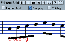Lo Score Editor e selezionare il pulsante Group Notes sulla barra degli strumenti estesa; per la precisione, è il terzo a partire da sinistra