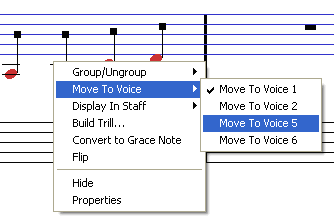 Se le volessimo assegnare alla voce 5 (relativa al rigo inferiore), dovremmo selezionare le note e scegliere l opzione Move To Voice 5 dal