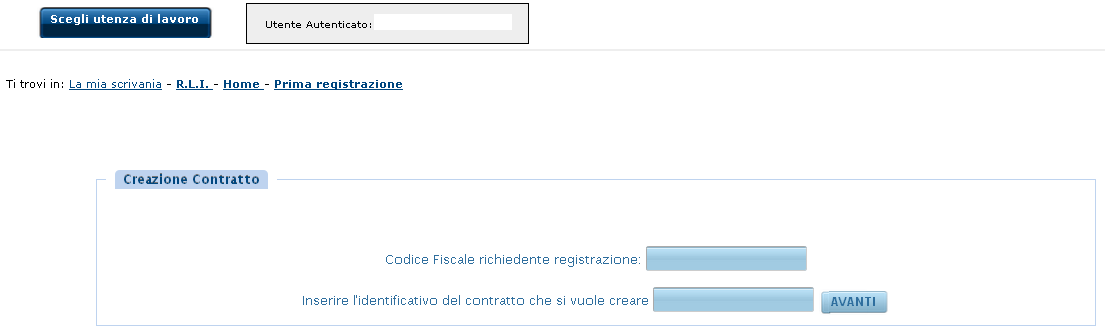 In caso di prima registrazione Creazione Contratto Codice Fiscale richiedente registrazione: Inserire il codice fiscale di una delle parti del contratto (locatore o conduttore) o dell agente/agenzia