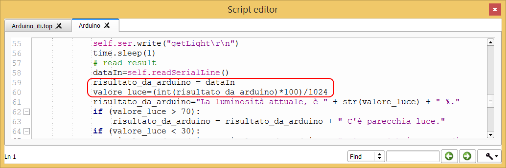 Dal blocco di dialogo escono delle stringhe che poi vengono passate al blocco If che segue: il terminale uscita è di tipo stringa e può assumere i valori seguenti (vedasi il dialogo Arduino_iti.