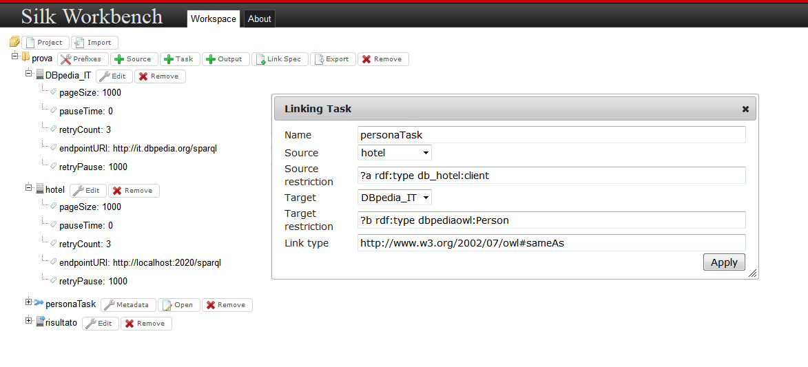 Per prima cosa si sono definite le sorgenti di dati utilizzando gli endpoint SPARQL: per la versione italiana di DBpedia si è utilizzato l URI http://it.dbpedia.