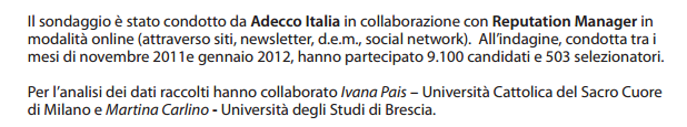 Alcuni dati sul Social Recruiting in Italia Sondaggio Digital Reputation e Social Recruting 2012 (Adecco- Reputation Manager) Il 51 % delle aziende e il 53% dei candidati utilizzano i social media