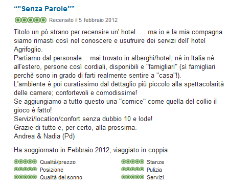 Sotto al giudizio globale compaiono in modo cronologico le recensioni degli ospiti, queste si compongono di un titolo enfatizzante per l esperienza avuta, la valutazione e la data seguita da una