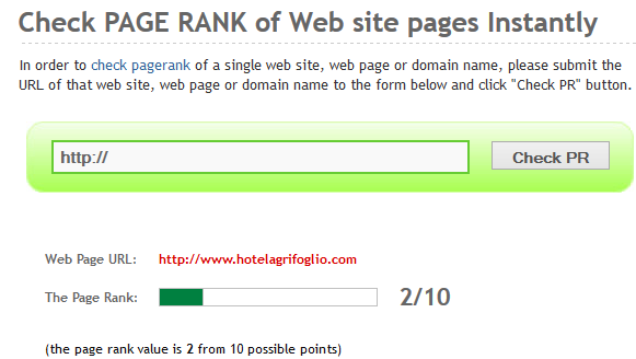 Figura 26: Il Page Rank del sito hotel Agrifoglio ha indice 2, questo testimonia che c'è ancora molto lavoro da fare se si vuole competere al meglio con i concorrenti (www.prchecker.info).