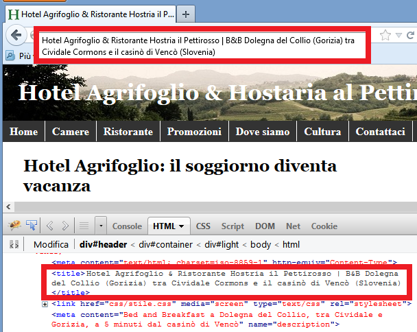 Figura 28: Identificazione del tag title. Ottimizzare al meglio questo tag significa inserire solo le keyword più consone al contenuto della pagina.