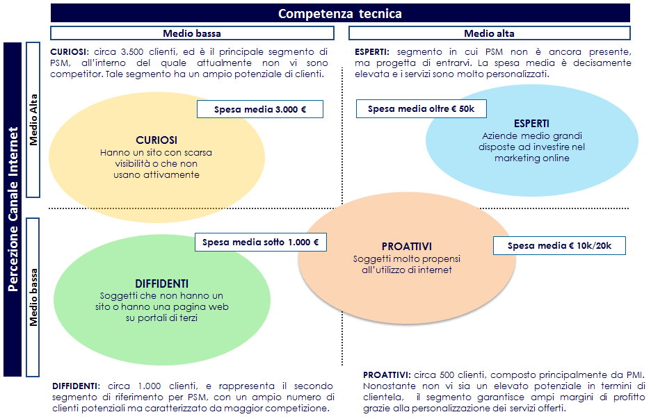 Il mercato di Primi sui Motori può esser segmentato in 4 aree a seconda del livello di competenze tecniche possedute e dal livello di percezione rispetto al canale