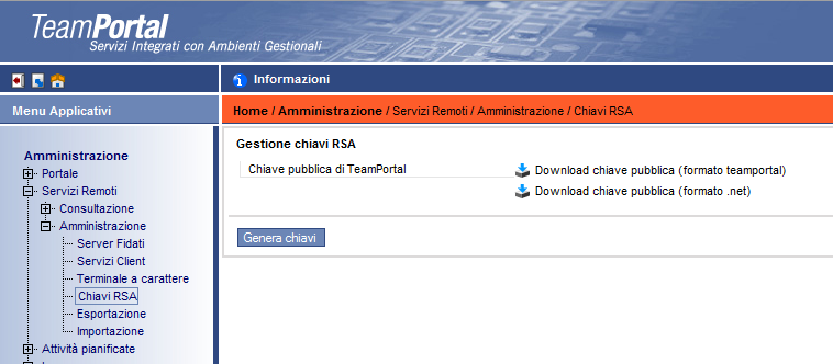 Chiave RSA Collegandosi al TeamPortal Service sarà necessario eseguire il download della chiave pubblica del server stesso.