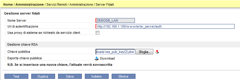 Server Fidati Il server che mette a disposizione il servizio (TeamPortal Service) dovrà essere aggiunto tra i Server Fidati Nome Server: Permette di assegnare un nome che identifichi il server fidato
