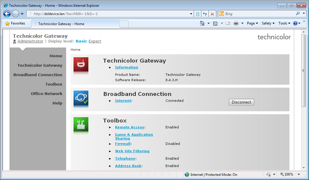 4 STRUMENTI DI CONFIGURAZIONE 4.1.1 Accesso Accesso alla GUI di Technicolor Gateway Procedere come indicato di seguito: 1 Aprire il browser Web. 2 Accedere a http://dsldevice.