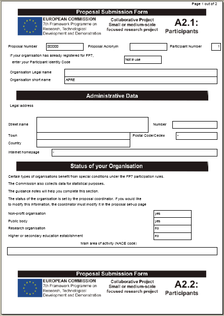 Scrivere la proposta Parte A2 FORM A2: Informazioni sui partecipanti (1 per partner) Sede legale/stato giuridico/tipo di attività