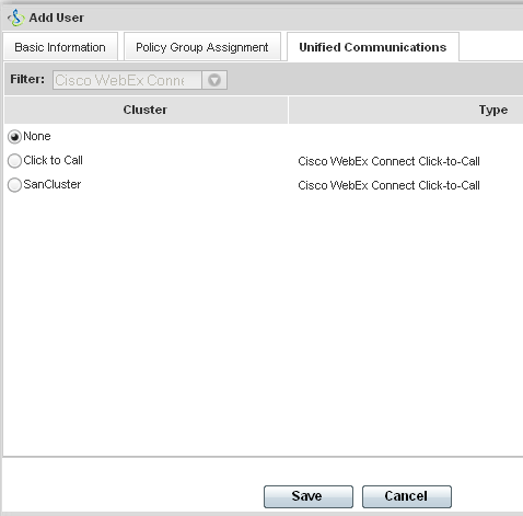 Capitolo 2: Panoramica della gestione utenti 10 In Cluster, selezionare il cluster di Cisco Unified Communications appropriato a cui si desidera aggiungere questo utente.