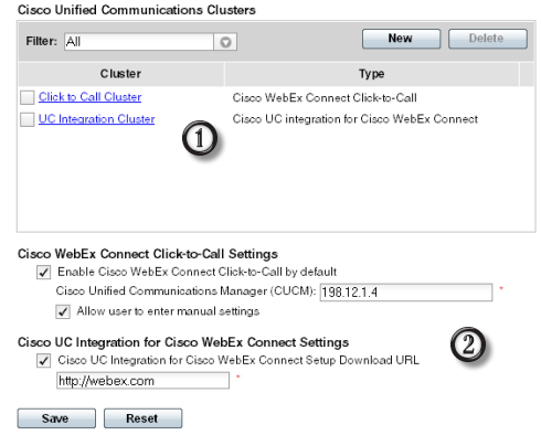 Capitolo 3: Scheda Configuration (Configurazione) Specifica delle impostazioni di Cisco UC Integration with Cisco WebEx Connect nello strumento Cisco WebEx Connect Administration.