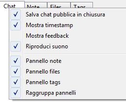 I parametri configurabili della chat sono: Salva chat pubblica in chiusura: Consente di salvare i messaggi scambiati e trascritti sul pannello Chat nella finestra pubblica.