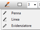 Menu Strumenti disegno La lavagna rende disponibile tre diversi strumenti per il disegno selezionabili dal menu a tendina in figura: Penna: Attraverso lo strumento penna è possibile disegnare a mano