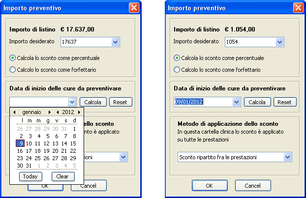 In questo modo anche tutto il riepilogo contabile della cartella clinica (preventivo e saldo rispetto alle cure effettuate) viene calcolato tenendo conto solo delle prestazioni inserite dopo la data