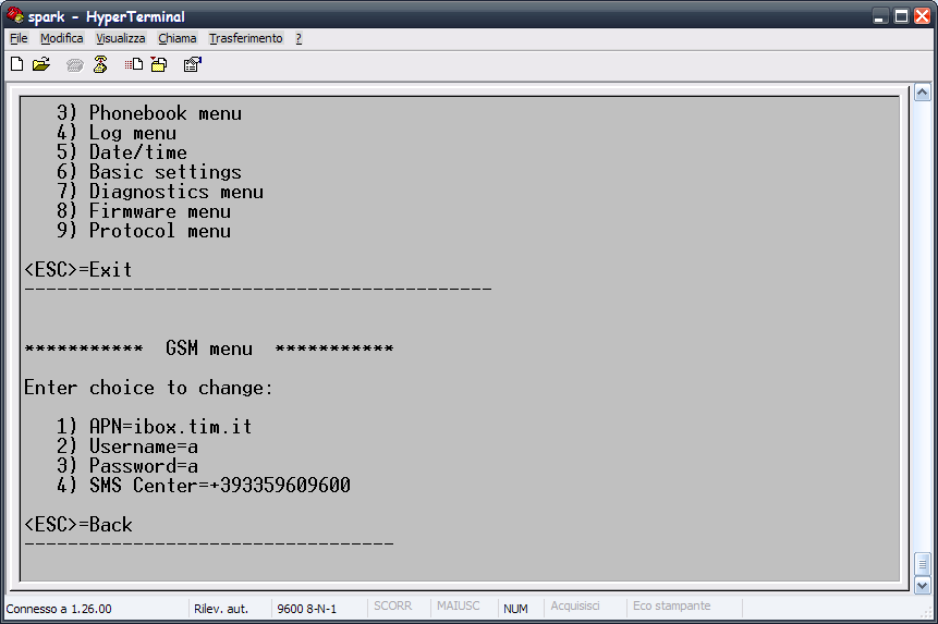 1 - GSM MENU You enter the SIM card data from this menu: 1) APN: APN address of the chosen telephone company (e.g.