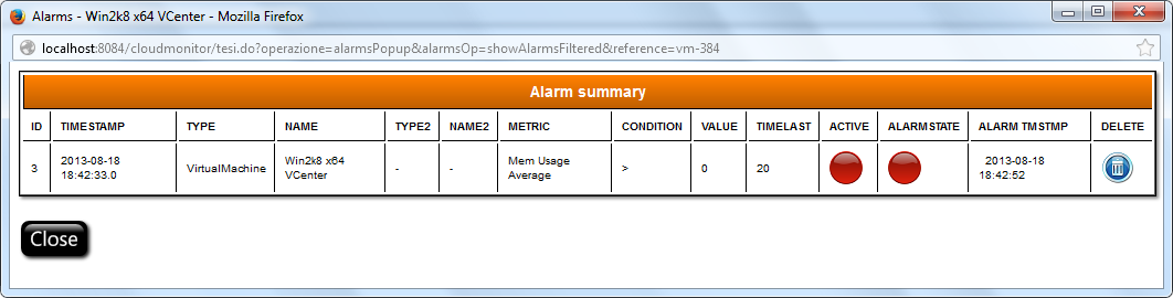 III. Progettazione dell applicazione Figura III-107: Esempio di visualizzazione della pagina alarm.jsp III.8.2. Pagina alarmpopup.jsp La pagina ha le medesime funzionalità della pagina alarm.