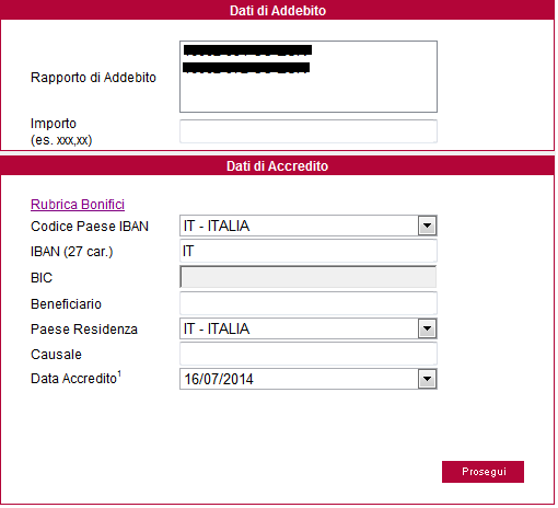 - Bnific SEPA Accedere in Servizi n-line Gircnt & Bnifici Bnific SEPA Si visualizza la seguente pagina: nella sezine "Dati di Addebit" selezinare il Rapprt di Addebit ed inserire l Imprt del bnific