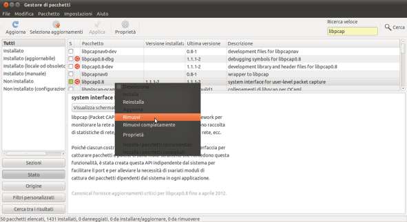 Figura 33: Rimozione di libpcap Una volta rimosso il pacchetto libpcap si può procedere con l'installazione dei seguenti pacchetti: subversion flex vision Come è già stato descritto nel capitolo