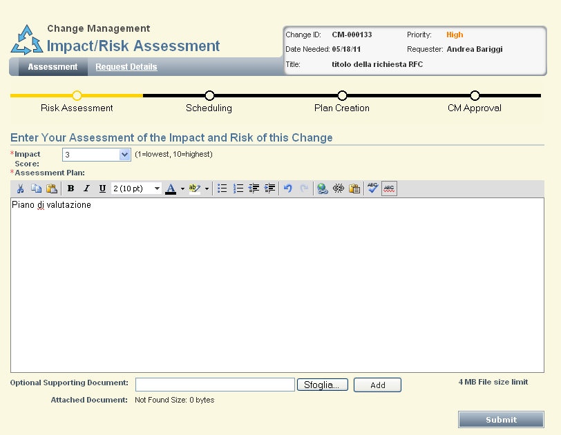 ruolo per la RFC in questione, lo strumento consente anche di poter indicare come Scheduler per la RFC il Change Manager stesso.