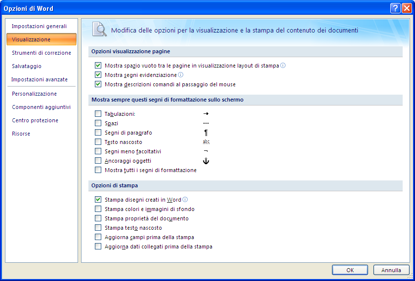 Modulo 3 - Nuova ECDL G. Pettarin Word processing freccia ) In alternativa il testo nascosto si può visualizzare (e stampare) con il pulsante Opzioni di Word del pulsante Office.