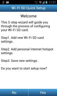 Primo Setup Rapido Quando viene lanciata la App Wi-Fi SD in modalitá di connessione diretta, apparirá il Wizard per un veloce setup iniziale e ti guiderá