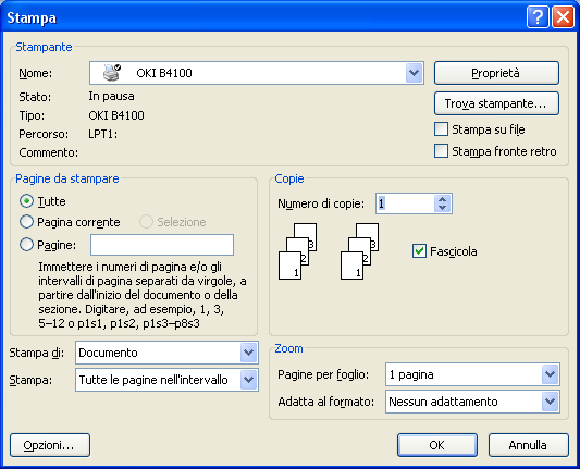 La sezione Pagine da stampare permette di scegliere tra: stampare tutte le pagine, solo quella corrente, stampare un intervallo di pagine.