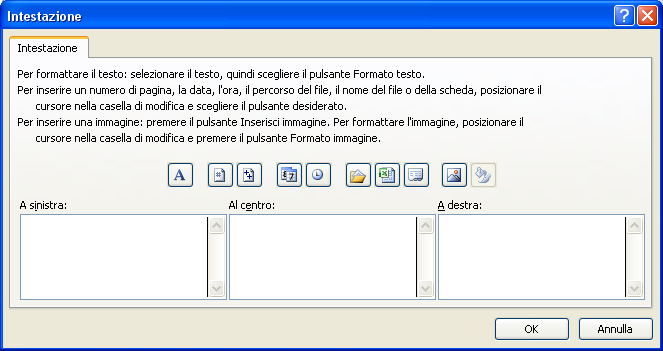 Per inserire un intestazione che porta il nome del foglio di lavoro e un piè di pagina con la parola Pagina seguita dal numero della pagina stessa, basta selezionare la scheda Intestazione/Piè di