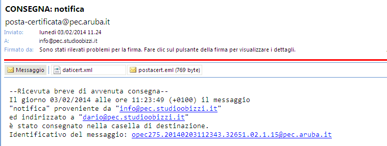 Breve: Contiene i dati di certificazione (mittente, destinatario, oggetto, riferimenti temporali, codice identificativo del messaggio)