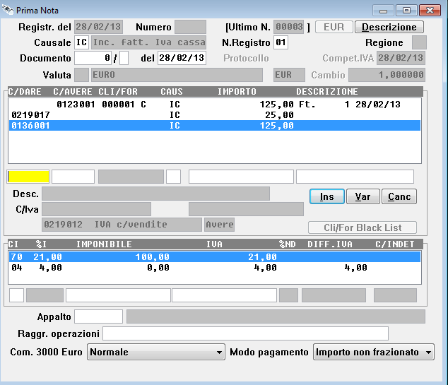 Righe compilate automaticamente dal programma: Registrazione