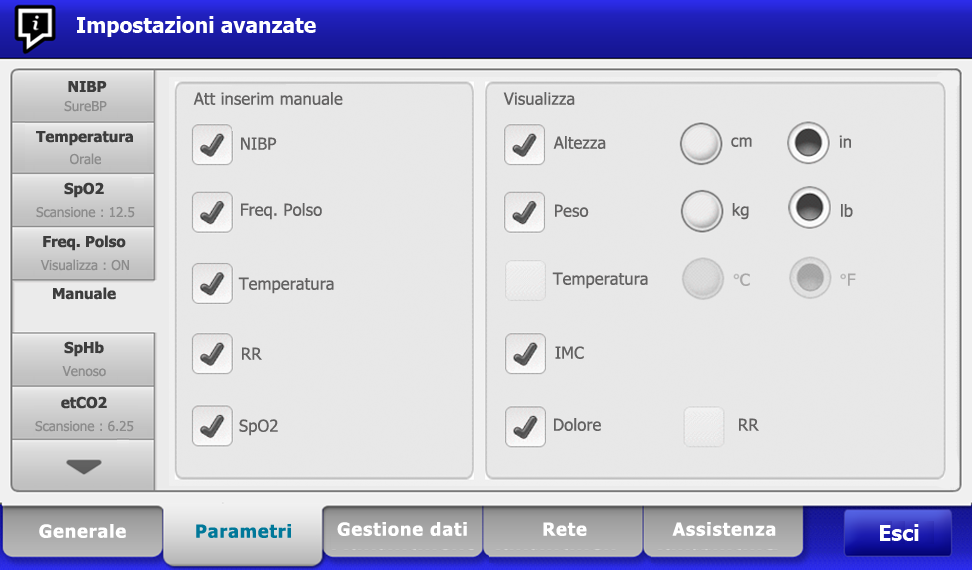 Istruzioni per l'uso Impostazioni Avanzate 177 Visualizza conversione della temperatura Sito Default SureTemp Plus Selezionare per visualizzare le unità di misura primarie e secondarie per la