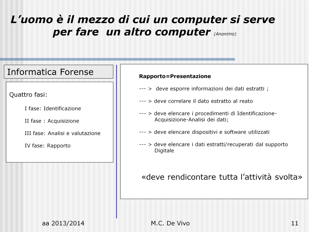 La Presentazione consiste nell esposizione Sostanzialmente «e deve rendere conto dell intero procedimento effettuato» Cosa vuol dire: «deve correlare il dato estratto al reato» --- > significa che l