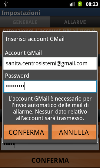 allarme in minuti, ovvero il tempo dopo il quale, se non viene effettuata alcuna azione, l allarme scade ed invia mail ed SMS di avviso ai contatti specificati nella sezione Gestione Contatti; - L