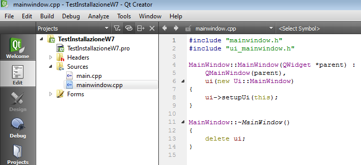 Fig. 1.34: Selezione del controllo di versione Fig. 1.35: Il progetto di prova viene visualizzato in Qt Creator Non resta altro che verificare che l'applicativo si possa compilare ed eseguire.
