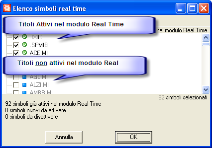 Figura 14: simboli attivi e non attivi nel modulo Real Time È consentito l avvio in Real time di un numero massimo di 100 titoli.