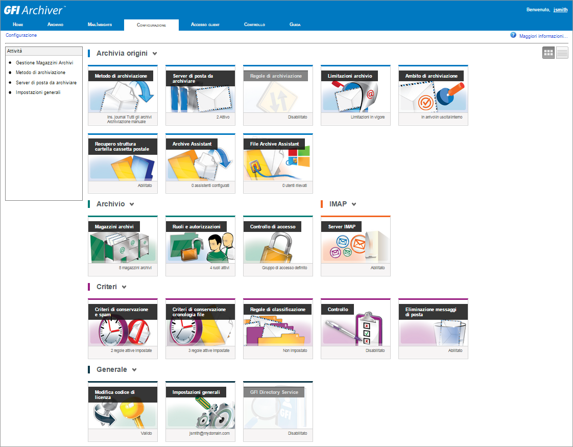 7 Configurazione di GFI Archiver 7.1 Panoramica impostazioni La pagina Configurazione consente di visualizzare una panoramica globale delle impostazioni attualmente attive in GFI Archiver.