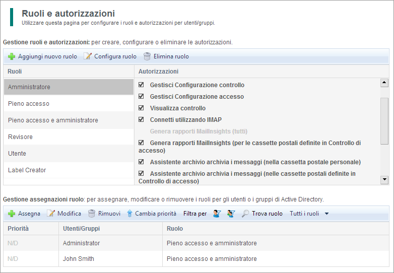 autorizzazioni), le autorizzazioni di Active Directory vengono sostituite dai ruoli assegnati in GFI Archiver.