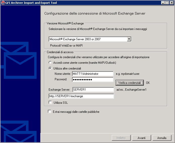Schermata 90: Importazione da una cassetta postale di Microsoft Exchange 3.