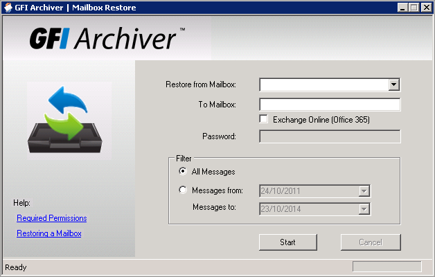 10 Ripristino di cassette postali Mailbox Restore consente di ripristinare i messaggi archiviati all interno dei magazzini archivi di GFI Archiver in una cassetta postale di Microsoft Exchange Server.